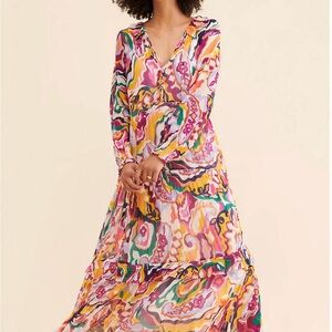 Anthropologie Marais Long Sleeve Multicolor V-Neck Maxi Dress